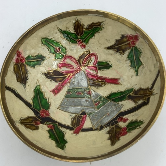 Brass and Enamel Cloisonné Christmas Bells Decorative Footed Bowl - Picture 2 of 4